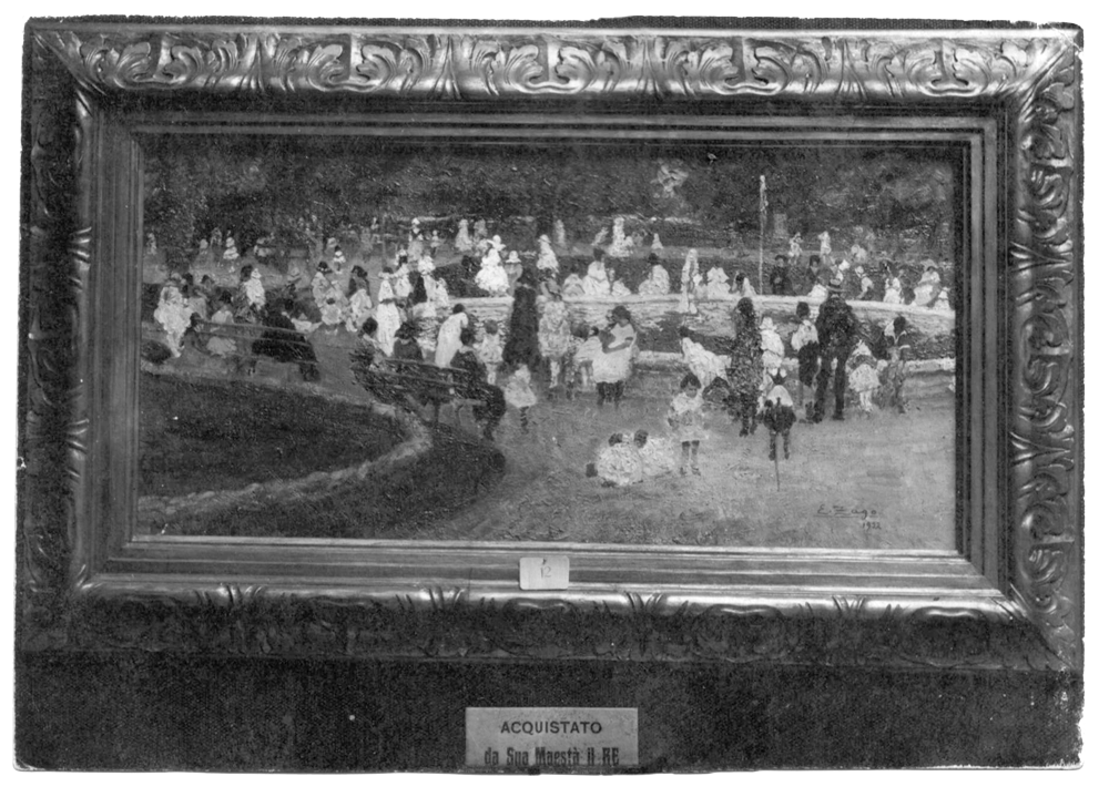 foto dipinto in bianco e nero di un quadro incorniciato rappresentante vita ai giardini di Erma Zago